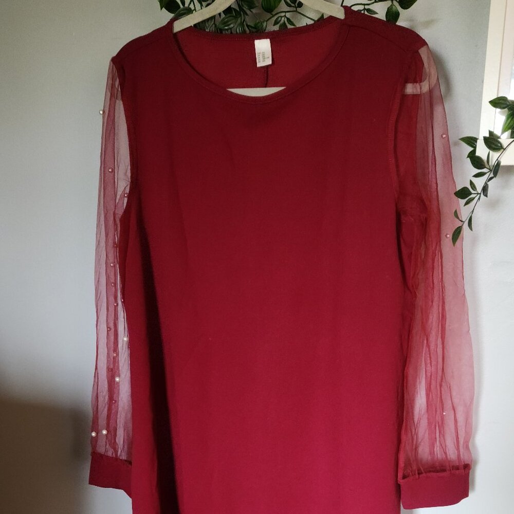 Crimson Sheer Pearl Sleeve Shift Dress